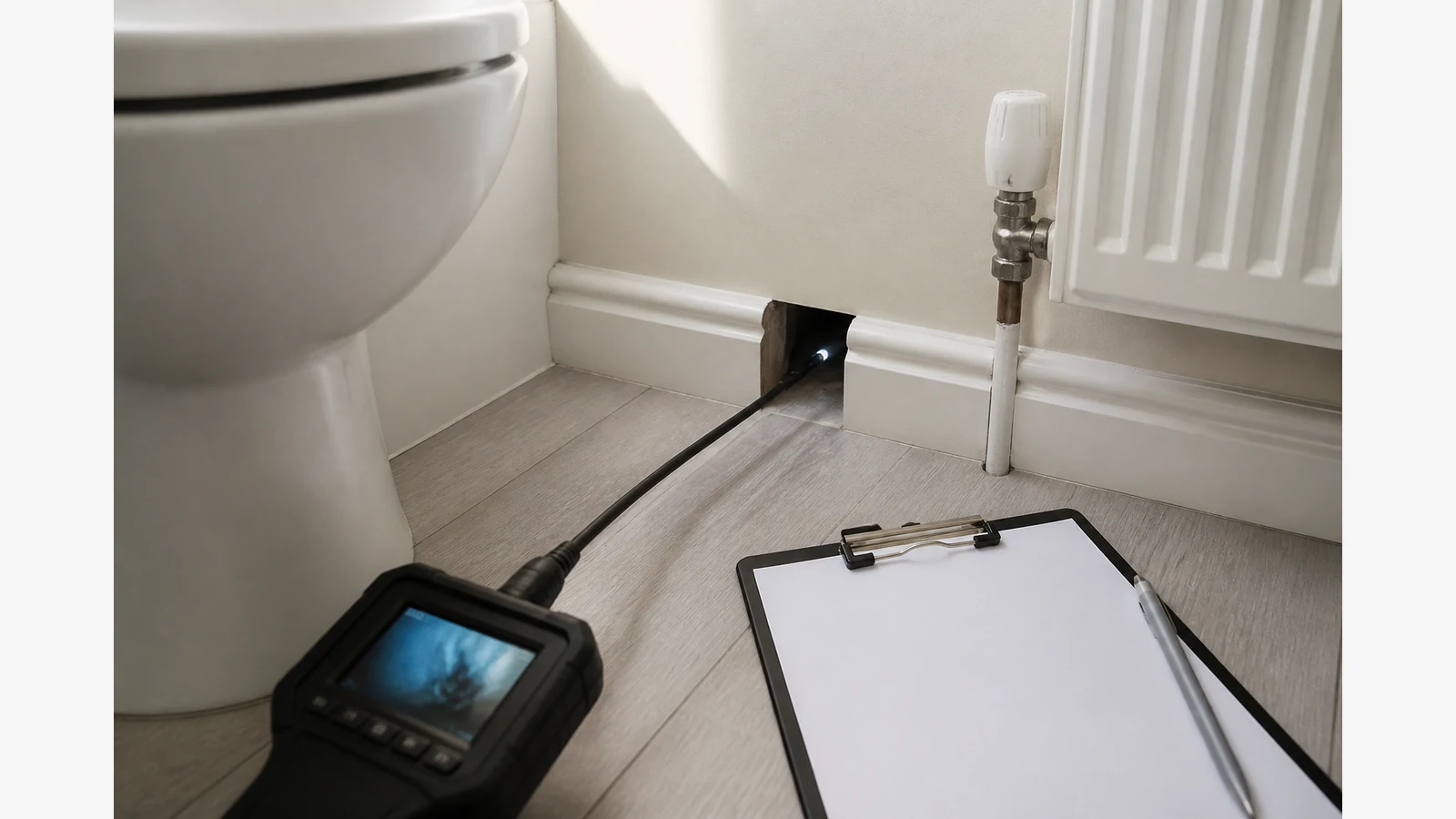Inspection camera probe checking a wall void beside a landlord photo log clipboard