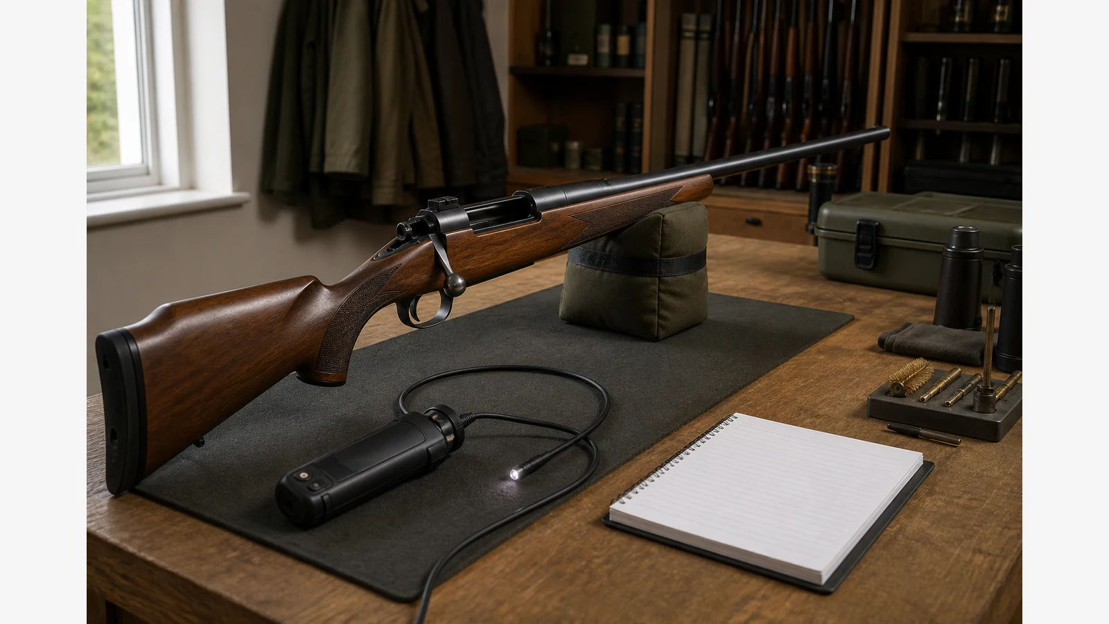 Checklist and inspection probe prepared beside an open rifle action for a used barrel check