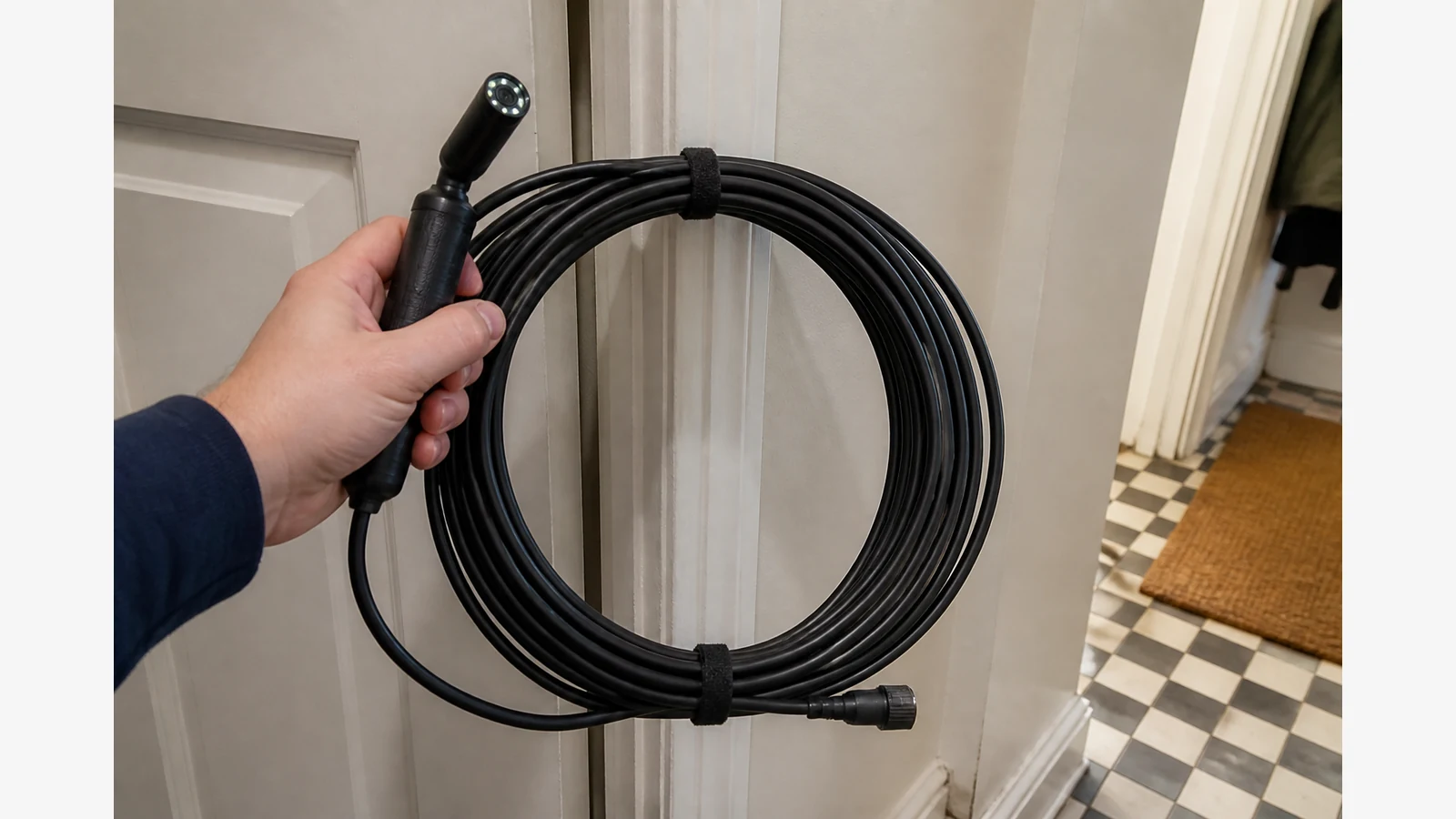 Coiled inspection camera cable shown for scale in a UK home utility space