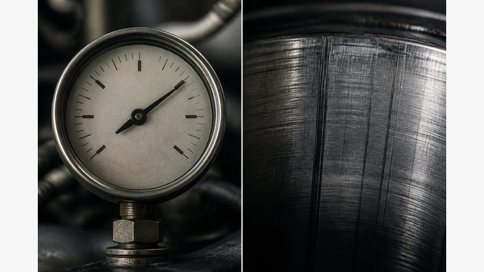 Abstract comparison of a compression gauge reading and scored metal cylinder wall texture